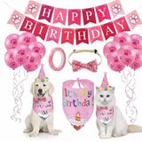 Evcil Hayvan Doğum Günü Süsleme Seti Pembe – Köpek Ve Kedi İçin Birthday Party Konsept Paketi – Balon, Happy Birthday Banner, Bandana, Papyon, Şapka Ve Parti Aksesuarları