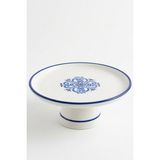Evcime Ayaklı Seramik Sunum Tabağı & Pasta Standı - Etnik Desenli - 18 cm - Mavi Beyaz - Lacivert - Beyaz