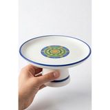 Evcime Ayaklı Seramik Sunum Tabağı & Pasta Standı - Mandala Desenli - 18 cm - Mavi Yeşil Beyaz