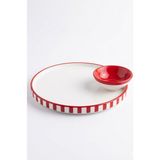 EVCİME Çizgili Seramik Sunum Tabağı ve Sosluk Seti - 20 cm - Kırmızı Beyaz