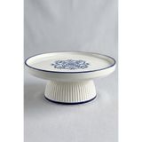 EVCİME El Yapımı Ayaklı Seramik Sunum Tabağı & Pasta Standı - Etnik Desenli - 20 cm - Mavi Beyaz