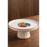 Evcime El Yapımı Ayaklı Seramik Sunum Tabağı & Pasta Standı - Kırmızı Çiçek Desenli Ayaklı Sunumluk 20 cm