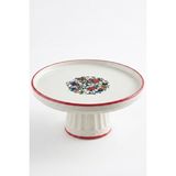 Evcime El Yapımı Ayaklı Seramik Sunum Tabağı & Pasta Standı-Lale Desenli Çini Motifli-20 Cm-Kırmızı Beyaz