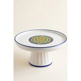 Evcime El Yapımı Ayaklı Seramik Sunum Tabağı & Pasta Standı - Mandala Desenli - 20 cm - Mavi Yeşil Beyaz