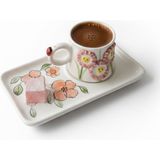 Evcime El Yapımı Pembe Çiçekli Tek Kişilik 2 Parça Seramik Kahve Fincan Seti - Renkli