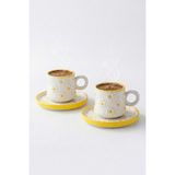 Evcime El Yapımı Sarı Papatya Desenli 2 Kişilik 4 Parça Seramik Fincan Takımı - Sarı - Beyaz - 80 ml