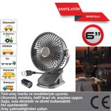 Evde Ofiste Araçta Vantilatör 12-24 Volt 6 Inç Mandallı Usb Ve Çakmaklık Girişli