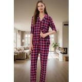 Evde Rahatlık İçin Ekose Desenli Örme Pijama Takımı Uzun Paça Kol Modern Stil Özenle Seçilmiş