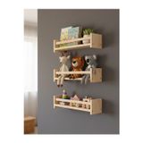 Evdekka Ahşap Çocuk Odası Montessori Raf Kitaplık 3'Lü Set - Duvar Dekoru Oyuncak Rafı 60X40 Cm