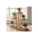 Evdekka Doğal Masif Ahşap 5 Bölmeli Çiçeklik Saksı Standı - 100X100X25 Cm Geniş Raf Derinliği