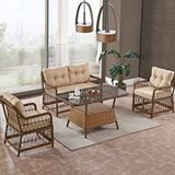 Evdemo Breda 2+1+1 Kahve Cam Masalı Rattan Örgü Bahçe Balkon Takımı