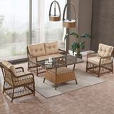 EVDEMO Breda Rattan Örgü Bahçe Balkon Takımı 2+1+1 Cam Masalı Kahve - Kahverengi