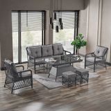 Evdemo Edra 3+1+1 Cam Masalı Puflu Rattan Bahçe Balkon Oturma Takımı Gri