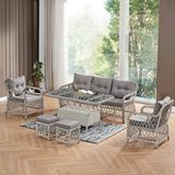 Evdemo Edra Rattan Puflu Bahçe Balkon Takımı 3+1+1+camı Masa Kemik Rengi Naturel