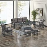 Evdemo Edra Rattan Puflu Bahçe Balkon Takımı 3+1+1+camlı Masa Gri Naturel