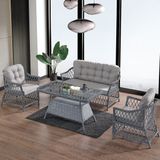 EVDEMO Icon Rattan Bahçe Balkon Oturma Takımı 2+1+1+Camlı Masa Gri Plastik Rattan Materyal ile Konforlu Kullanım