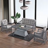 Evdemo Icon Rattan Bahçe Balkon Oturma Takımı 2+1+1+Camlı Masa Gri