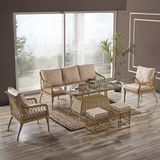 Evdemo Joy 3+1+1 Cam Masalı Puflu Rattan Bahçe Balkon Oturma Takımı Cappuccino