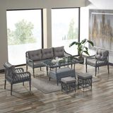EVDEMO Joy Rattan Gri Renkli Bahçe Balkon Takımı 3+1+1 Camlı Masa Plastik Rattan Materyal ile Konforlu