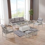 Evdemo Joy Rattan Puflu Bahçe Balkon Takımı 3+1+1+ Camlı Masa Kemik Rengi Naturel