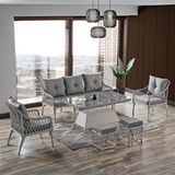 Evdemo Joy Rattan Puflu Bahçe Balkon Takımı 3+1+1+ Camlı Masa Kemik Rengi