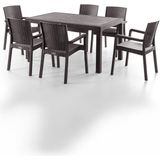 EVDEMO King Kahverengi Rattan Masa Sandalye Takımı 6 Kişilik Dış Mekan Kullanımına Uygun Polypropylene