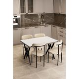 EVDEMO Trend 4 Kişilik Modern Suntalam Mutfak Masa Takımı 120x80 cm, Beyaz-Krem-Siyah, Toz Boyalı Metal Ayaklar