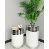 Evden İste ELEGANT Dekoratif Krom Darbuka Parlak Beyaz Saksı 70cm + 60cm Sehpa İkili Set