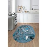 Evdeya 3D Dijital Baskılı Mutfak Eşyaları Motifli Yıkanabilir Oval Yolluk Mutfak Halısı O-MUTFAK-16, Mavi, 40 x 60