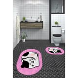 Evdeya 3D Dijital Yıkanabilir Kaymaz Kedi Desen İkili Banyo Halısı Paspas Oval Klozet Takımı O-KLOZET-43, Pembe, 40 x 60