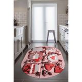 Evdeya 3D Kalp Fincan Motifli Kaymaz Taban Yıkanabilir Modern Oval Yolluk Mutfak Halısı O-MUTFAK-34, Kırmızı, 100 x 150