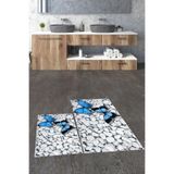 Evdeya 3D Kelebek Desenli Yıkanabilir Kaymaz Silinir İkili Banyo Halısı Paspas Klozet Takımı KLOZET-45, Mavi, 60 x 100