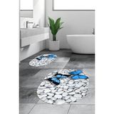 Evdeya 3d Kelebek Desenli Yıkanabilir Kolay Silinir Ikili Banyo Halısı Paspas Oval, Klozet-45-Mavi,