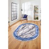 Evdeya Baskılı Kaymaz Taban Yıkanabilir Çerçeve Mermer Desen Oval Mutfak Yolluk Salon Halısı O-MERMER-03, Mavi, 100 x 150