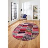 Evdeya Baskılı Kaymaz Taban Yıkanabilir Patchwork Desen Oval Yolluk Salon Halısı O-PATCHWORK-10, Kırmızı, 80 x 250