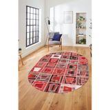 Evdeya Baskılı Kaymaz Taban Yıkanabilir Patchwork Desen Oval Yolluk Salon Halısı O-PATCHWORK-11, Kırmızı, 40 x 60