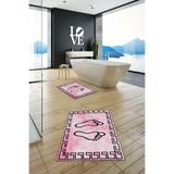 Evdeya Baskılı Yıkanabilir Kaymaz Çerçeveli Ayak İzi Desenli İkili Banyo Halısı Klozet Takımı KLOZET-19, Pembe, 60 x 100