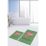 Evdeya Baskılı Yıkanabilir Kaymaz Flamingo Desenli İkili Banyo Halısı Paspas Klozet Takımı KLOZET-30, Yeşil, 60 x 100