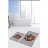 Evdeya Baskılı Yıkanabilir Kaymaz Renkli Yaprak Desen İkili Banyo Halısı Klozet Takımı KLOZET-27, Gri, 60 x 100