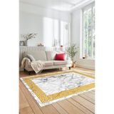 Evdeya Çerçeveli Mermer Desenli Dijital Kaymaz Taban Yıkanabilir Yolluk Koridor Salon Halısı MERMER-12, Beyaz, 80 x 200