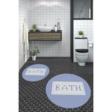 Evdeya Dijital Baskılı Mozaik Desenli Bath Yazılı Ikili Yuvarlak Banyo Paspası, Klozet-07-Mavi,
