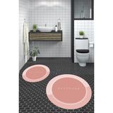 Evdeya Dijital Baskılı Yıkanabilir Bathroom Yazılı Yuvarlak Banyo Paspası, Klozet-01-Pembe,