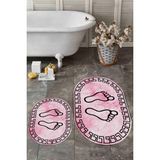 Evdeya Dijital Baskılı Yıkanabilir Çerçeveli Ayak Izi Desenli Ikili Oval Banyo Halısı, Klozet-19-Pembe,