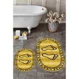 Evdeya Dijital Baskılı Yıkanabilir Çerçeveli Ayak Izi Desenli Ikili Oval Banyo Halısı, Klozet-19-Sarı,