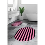 Evdeya Dijital Baskılı Yıkanabilir Çizgili Modern Ikili Banyo Halısı Paspas Oval, Klozet-50-Pembe,