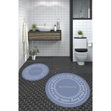 Evdeya Dijital Baskılı Yıkanabilir Desenli Bathroom Yazılı Yuvarlak Banyo Paspası, Klozet-05-Mavi,