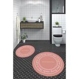 Evdeya Dijital Baskılı Yıkanabilir Desenli Bathroom Yazılı Yuvarlak Banyo Paspası, Klozet-05-Pembe,