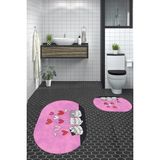 Evdeya Dijital Baskılı Yıkanabilir Kalipli Kediler Desenli Ikili Banyo Halısı Oval, Klozet-42-Pembe,