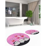Evdeya Dijital Baskılı Yıkanabilir Kalipli Kediler Desenli Ikili Banyo Halısı Yuvarlak, Klozet-42-Pembe,