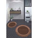 Evdeya Dijital Baskılı Yıkanabilir Kaymaz Bathroom Yazılı Yuvarlak Banyo Paspası Klozet Takımı Y-KLOZET-1, Yuvarlak-Kahverengi, 40 x 60
